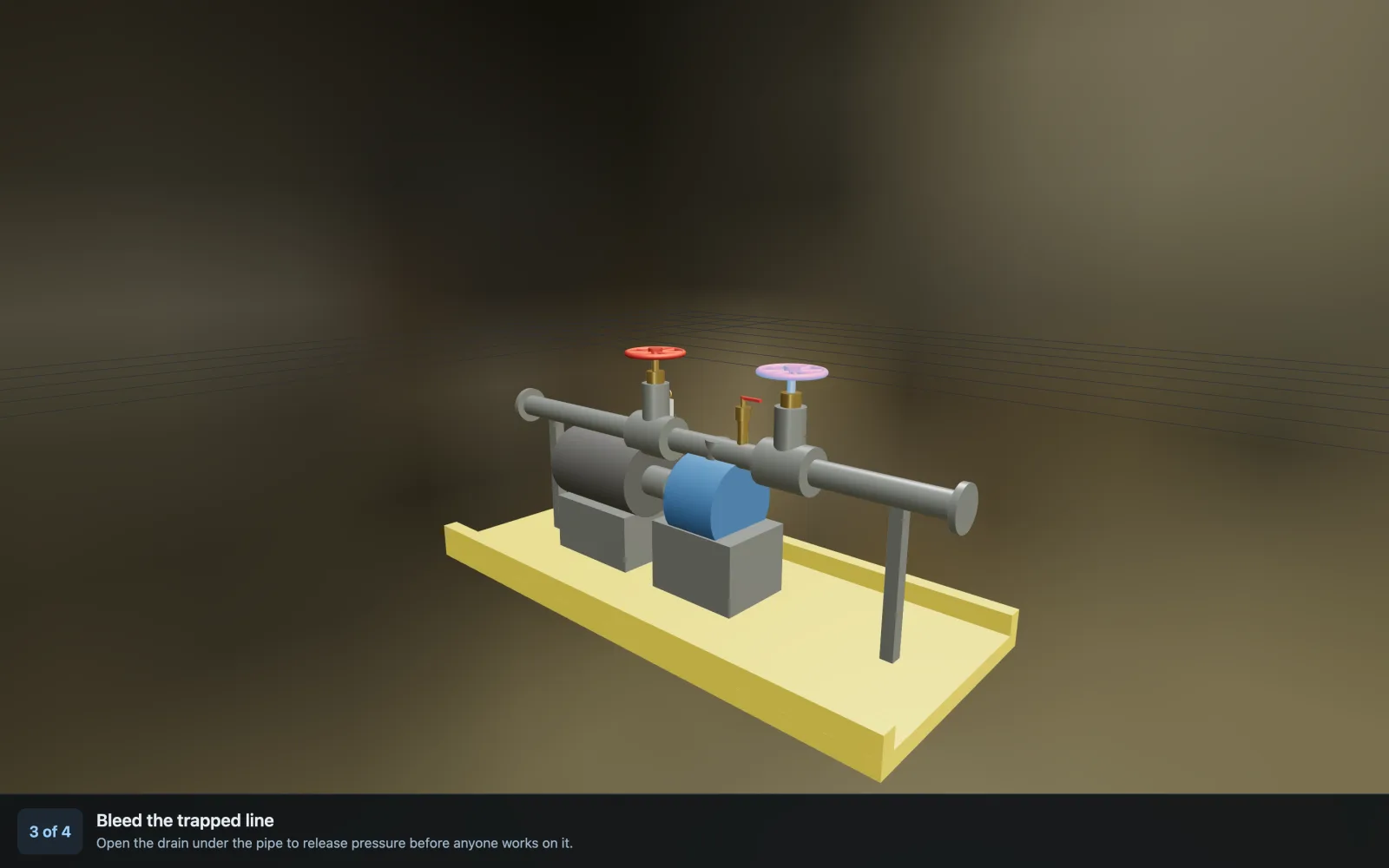 The 2D valve trainer at step 3 of 4, bleed the trapped line, showing the isolation skid with the step banner across the bottom of the screen.